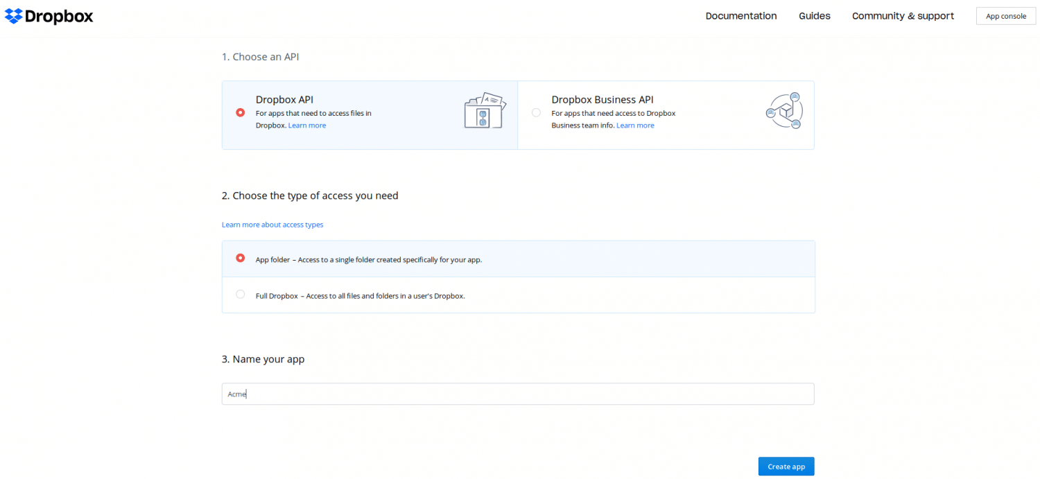 dropbox console app create