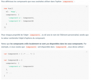 Définition des composants dans l'option components