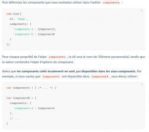 Définition des composants dans l'option components